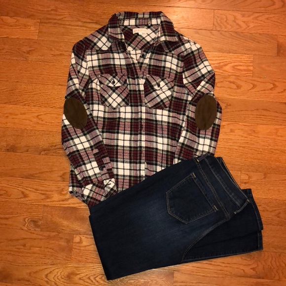 Tops - Maroon Plaid Flannel Suede Elbows